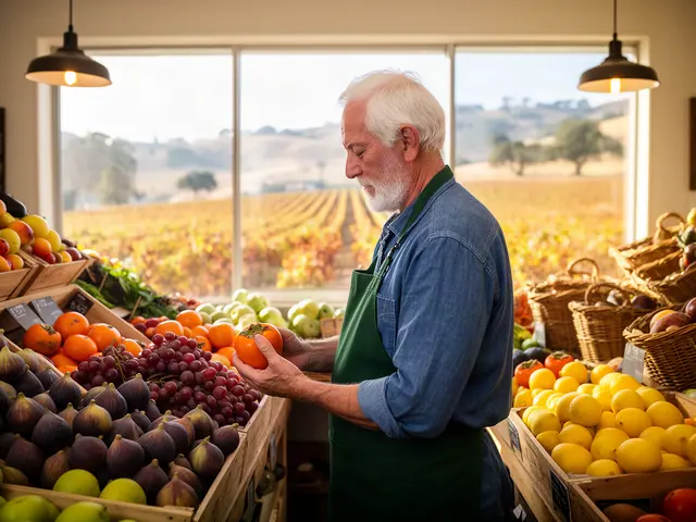 A grocer in an apron beside a fresh produce display.