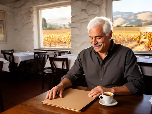 A restaurant owner seated with a folder in an empty dining room before opening.