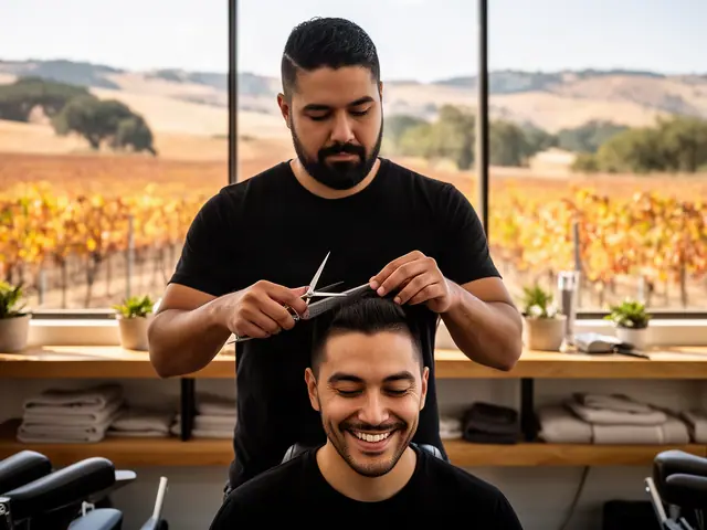A stylist finishing a client's hair in a bright salon.